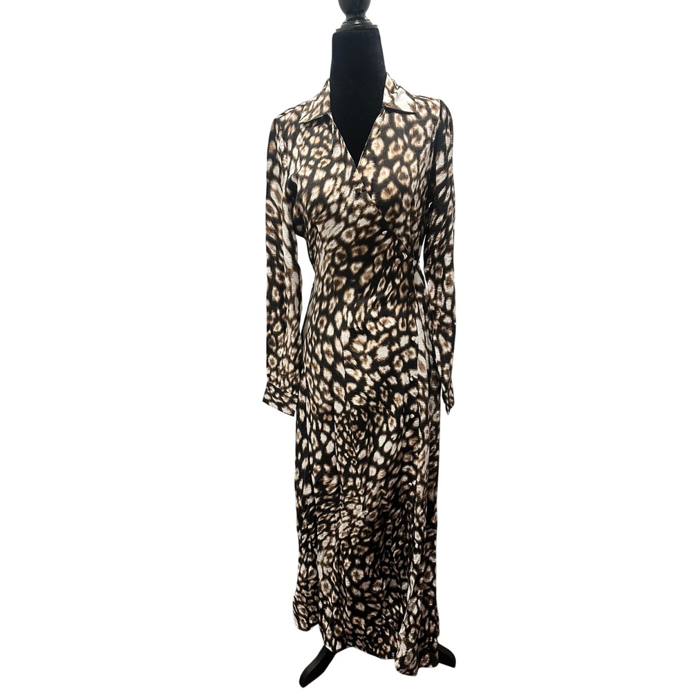 VERO MODA Leopard Print Wrap Maxi Dress Long Sleeve Collared Shirt Dress XS